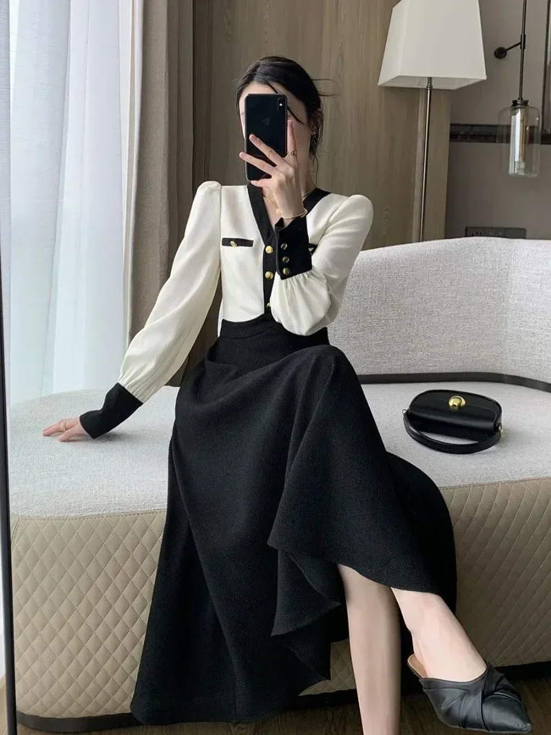 Gagarich Korean Long V-neck Dress Women Autumn Elegant French High-end Temperament Shows Thin Hepburn Style Long Vestidos