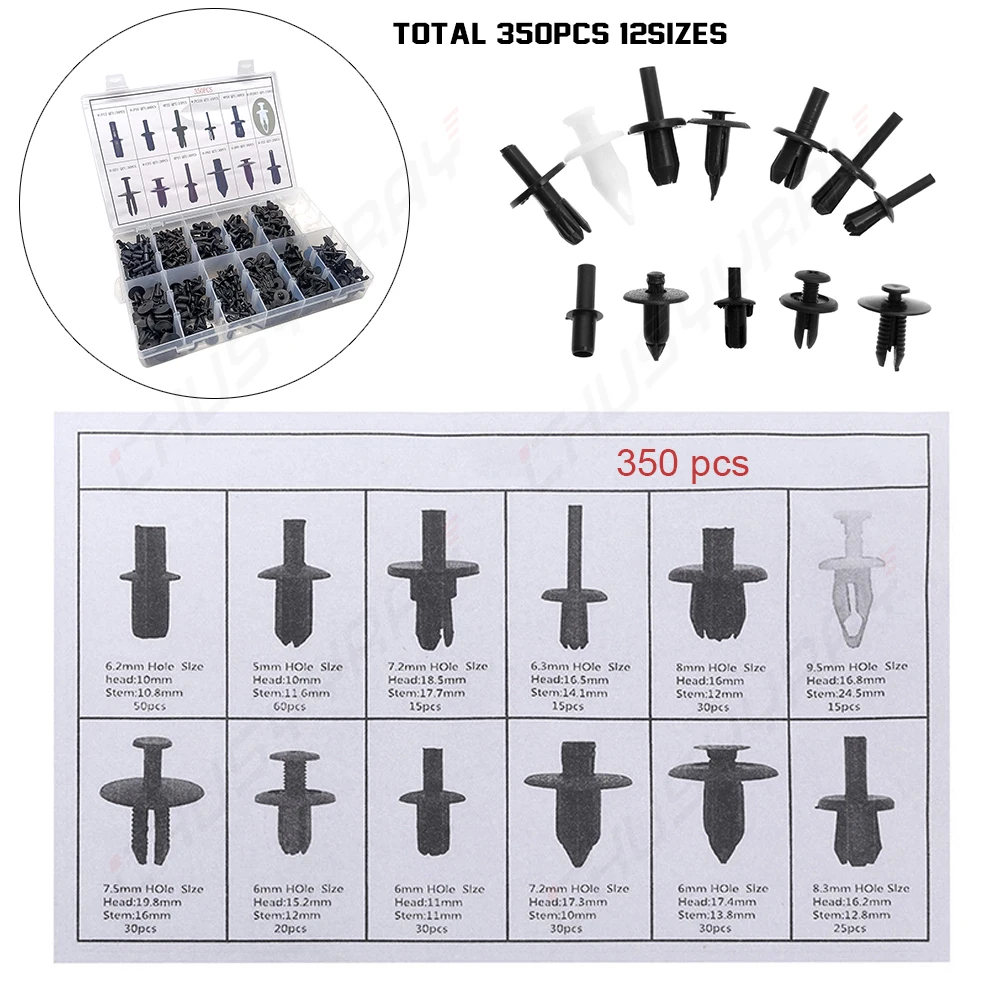 XWQHJW 350PCS Black Plastic Auto Fasteners Rivets Clips Vehicle Car Bumper Door Panel Fender Liner Clips Retainer