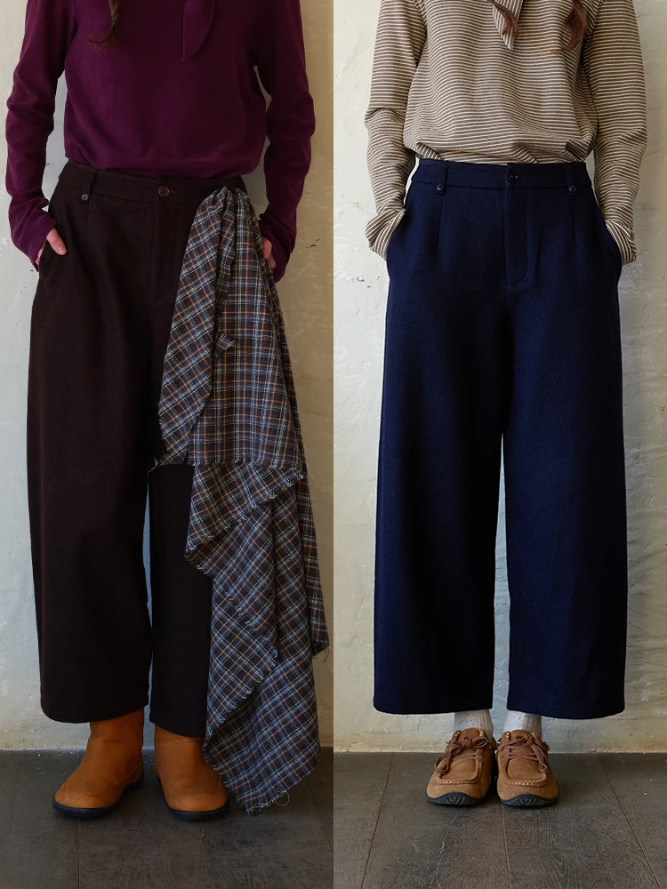 ItoIroI Wool Blend Tweed Wide Leg Casual Pants Autumn Winter Nine Tenths l Waist Button Ladies Faion Casual Pants