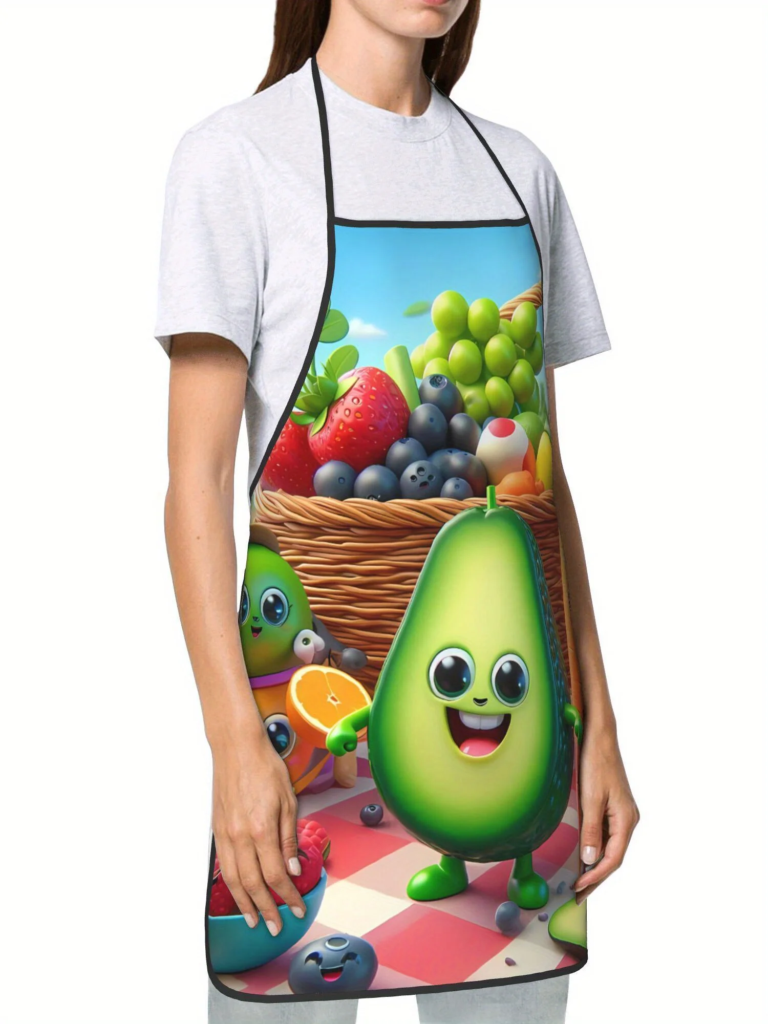 Fun Carrot Avocado Kitchen Apron - A unique cartoon fruit printed cooking apron designed specifically for men and women