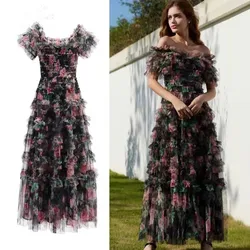 Luxury Runway Women Elastic Slash Neck Mesh Prom Party Long Dress New Summer Cascading Ruffles Flower Printed Holiday Black Robe