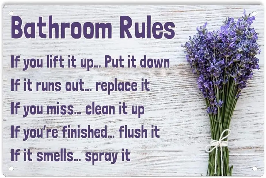 ERMUHEY Lavender Bathroom Rules Sign Metal Tin Sign, Lavender Bathroom Rules Poster for Home Toilet WC Man Cave Wall Decor Plaqu