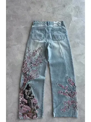Men Women Cherry Blossom Knight All Embroidery Denim Pants Y2k Vintage Baggy Street Straight Jeans High Waisted Washed Blue Jean