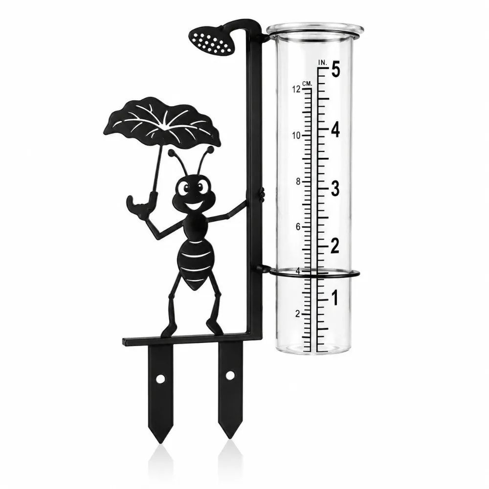 Dual Scale Outdoor Rain Gauge Clear Tube Cartoon Ant Design Decorative Rain Gauge Black Metal Stake Two Pointed Lower Prongs