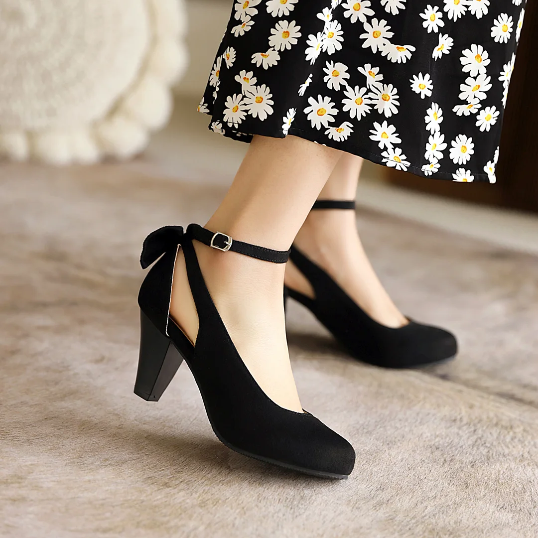 Summer Women Suede Bridal Party Office Dress Shoes High Spike Heels  Chunky Closed Toe Ankle Strap Wedding Pumps Lolita Back Bow