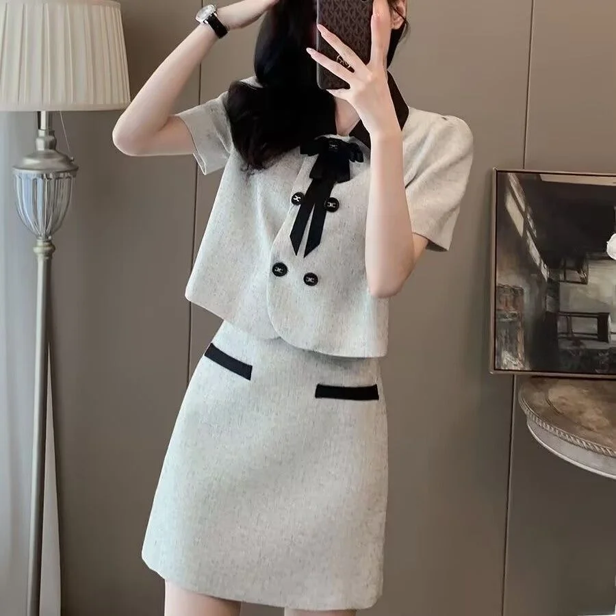 Elegant Summer 2026 New Style Women's Set High Waist Short Skirt  Shirt Anti-Wrinkle Medium Thickness Polyester Filling