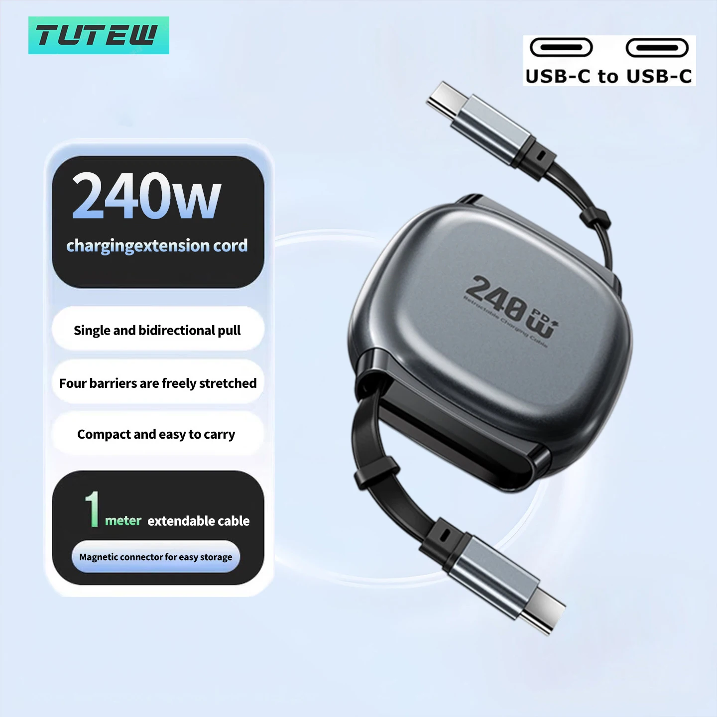 240W Retractable Fast Charging Cable USB C To C Auto Coiling for Travel Charging Phone Tablet Laptop for IPhone Samsung Huawei