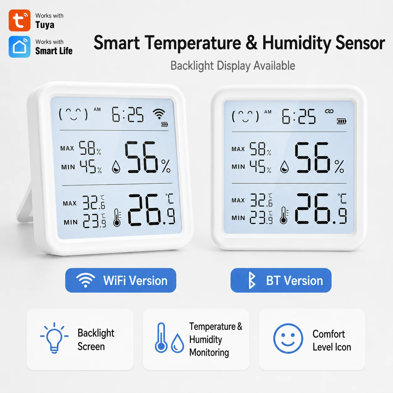 Capteur de température et d'humidité WiFi Tuya, pour Smart Life, rétroéclairage, hygromètre, thermomètre, compatible avec application BT, télécommande