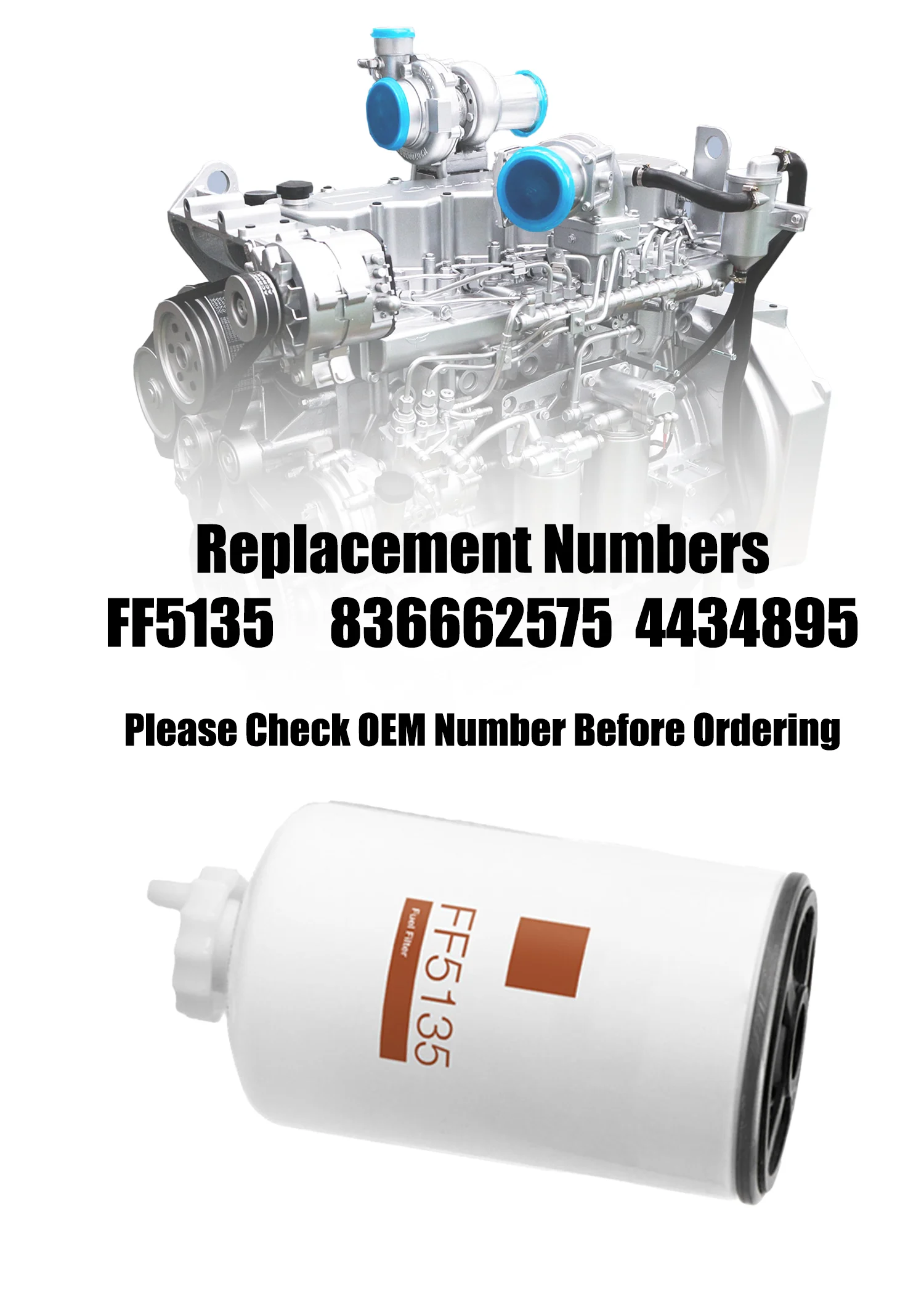 FF5135 Fuel Filter 836662575 4434895 Spin-On Diesel Fuel Filter Replacement for Flega Engine Machinery