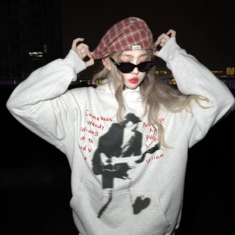 Winter Black Women Hooded Sweatshirt Guitar Portrait Print American Hip Hop Oversize Loose Long-sleeved Pullover Sweatshirt Y2k