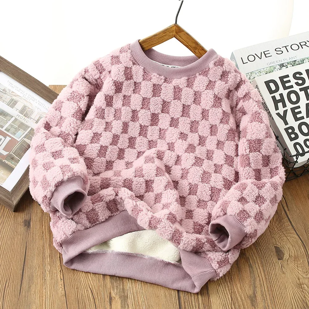 

Children Sweatshirts Autumn Winter Plush Warm Shirts for Kids Boys Girls Thickened Plaid Pullover Teenager Outerwear Clothing