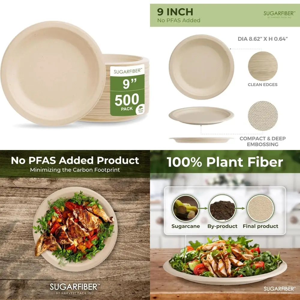

Compostable Paper Plates 9-inch Round, Heavy-Duty Natural Bagasse Bio, Disposable for Eco-Friendly Events and Parties
