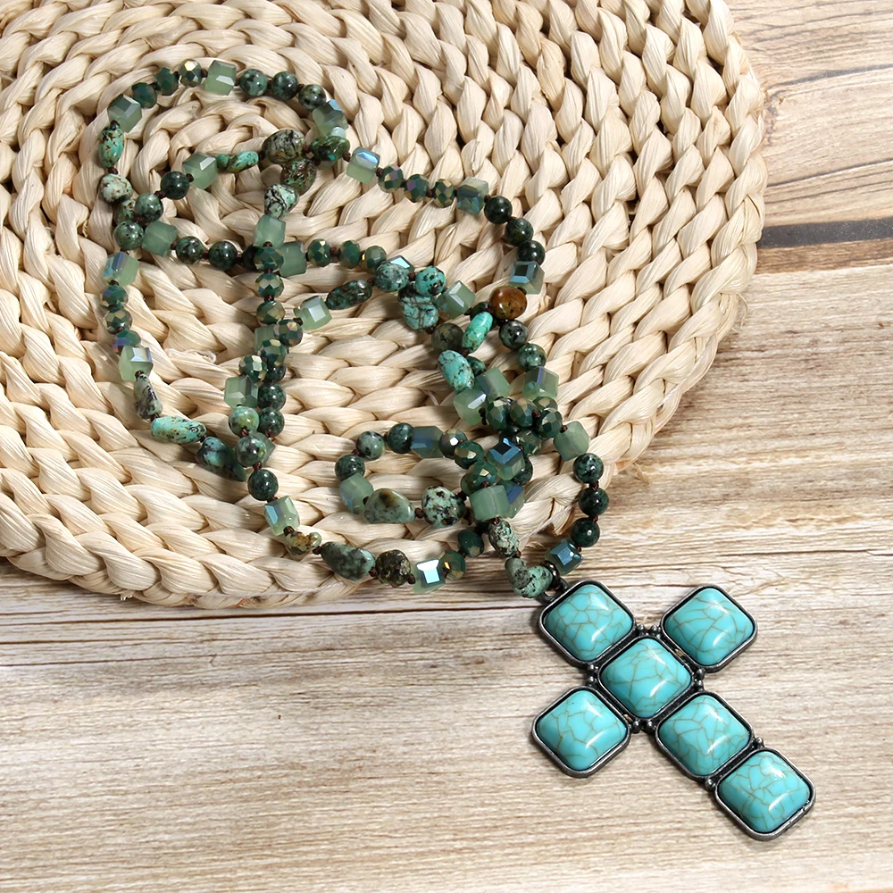 Spring New Fashion Bohemian Blue Green Natural Stone Glass Knot Necklace Square Cross Pendant Necklace Sweater Chain