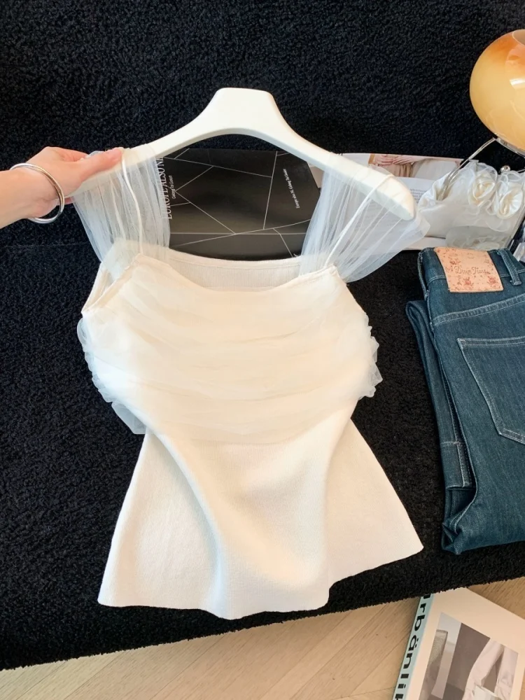 

Slim Fit Knitted Vest Pure Desire Mesh Splicing Sleeveless Top for Women Commute Style Korean Version Self Kept Item Summer N...