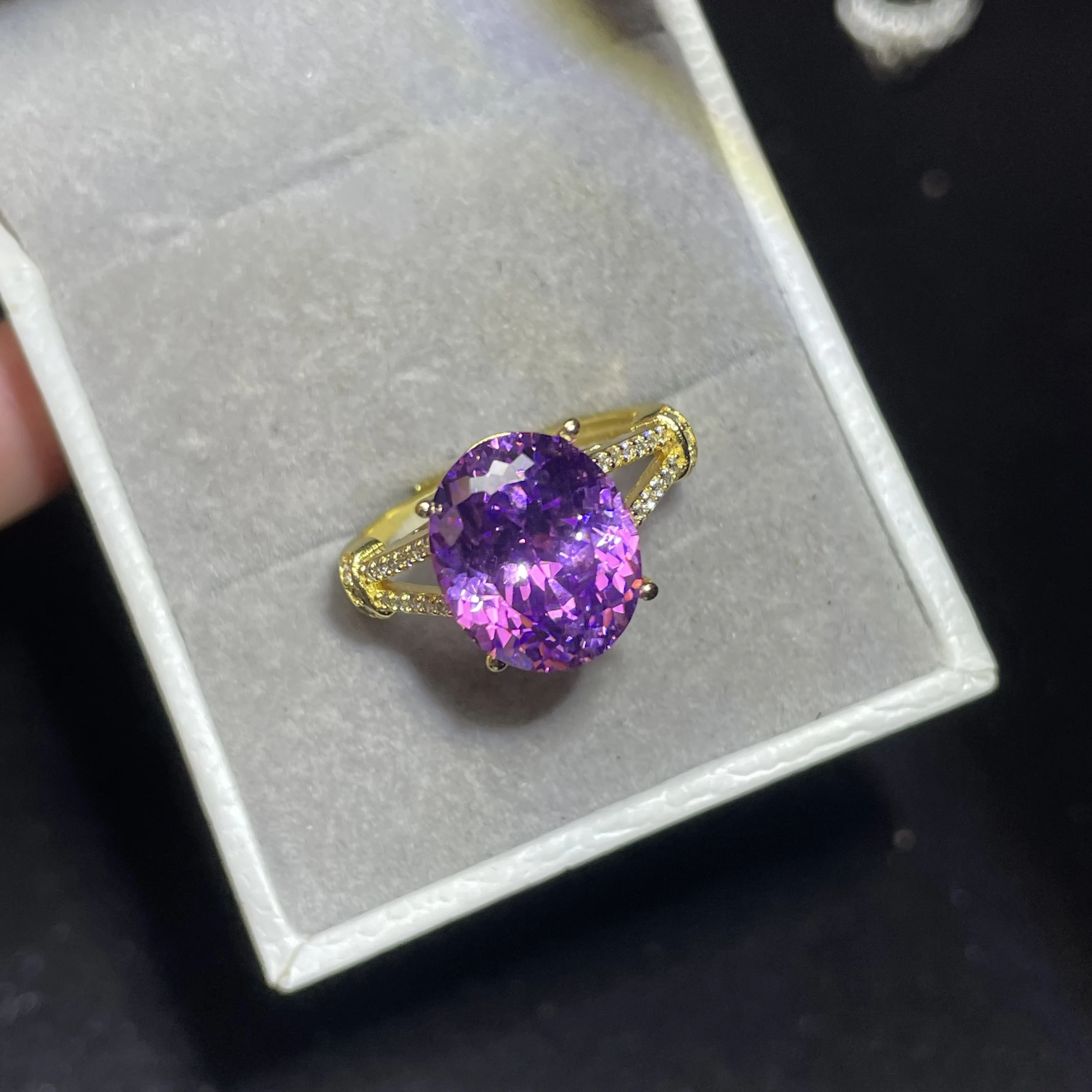 Natural amethyst purple gemstone sterling silver ring, women's style - simple double-row gold design, 10*12 millimeters