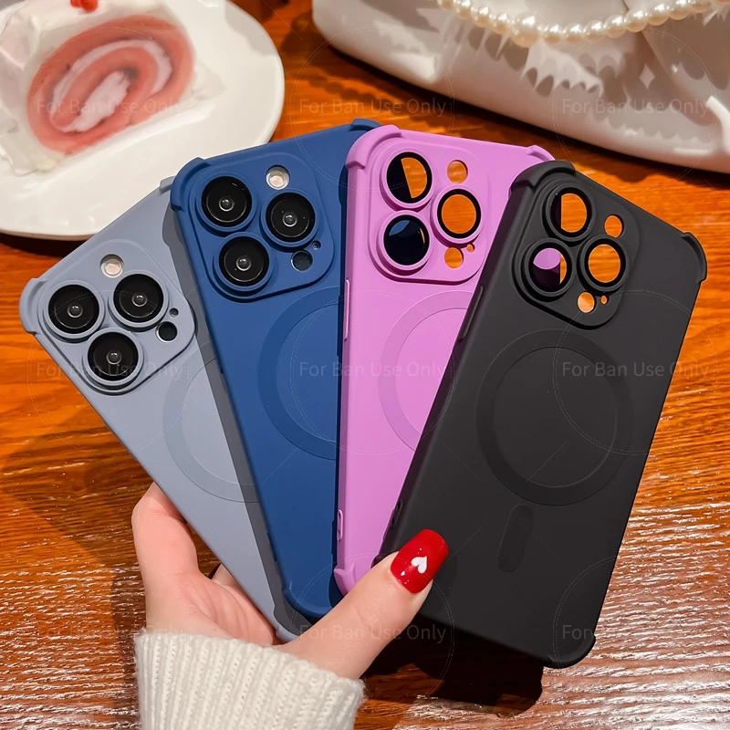 

JY Luxury Solid Color Four-Sided Magnetic Adhesive Case for iPhone 17 Pro Max 16 15 14 13For Magsafe Simple Fine Hole Lens Cover