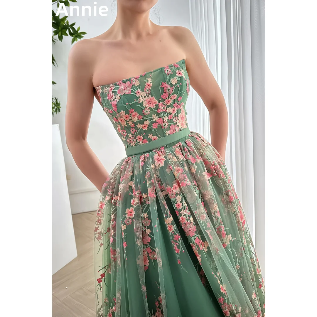 Annie Tule Groene Luxe Prom Dresses Geborduurde Bloemenfee Trouwjurk Sexy Off-Schoudercocktail Jurken Vestidos Defiesta