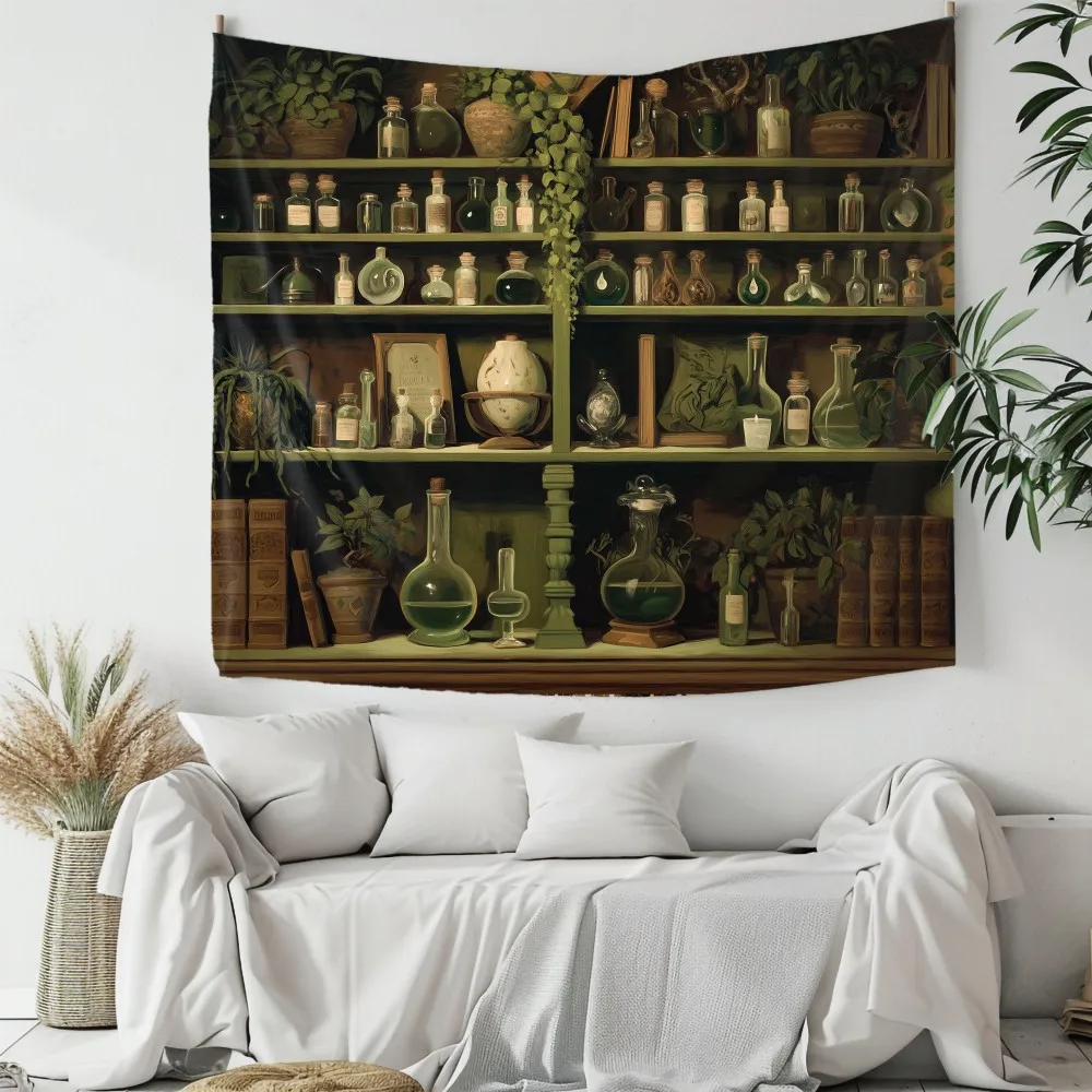 VIKAMA Retro Witch Potion Cabinet Tapestry Forest Dark Green Magic Hanging Cloth Living Room Background Cloth Room Decoration