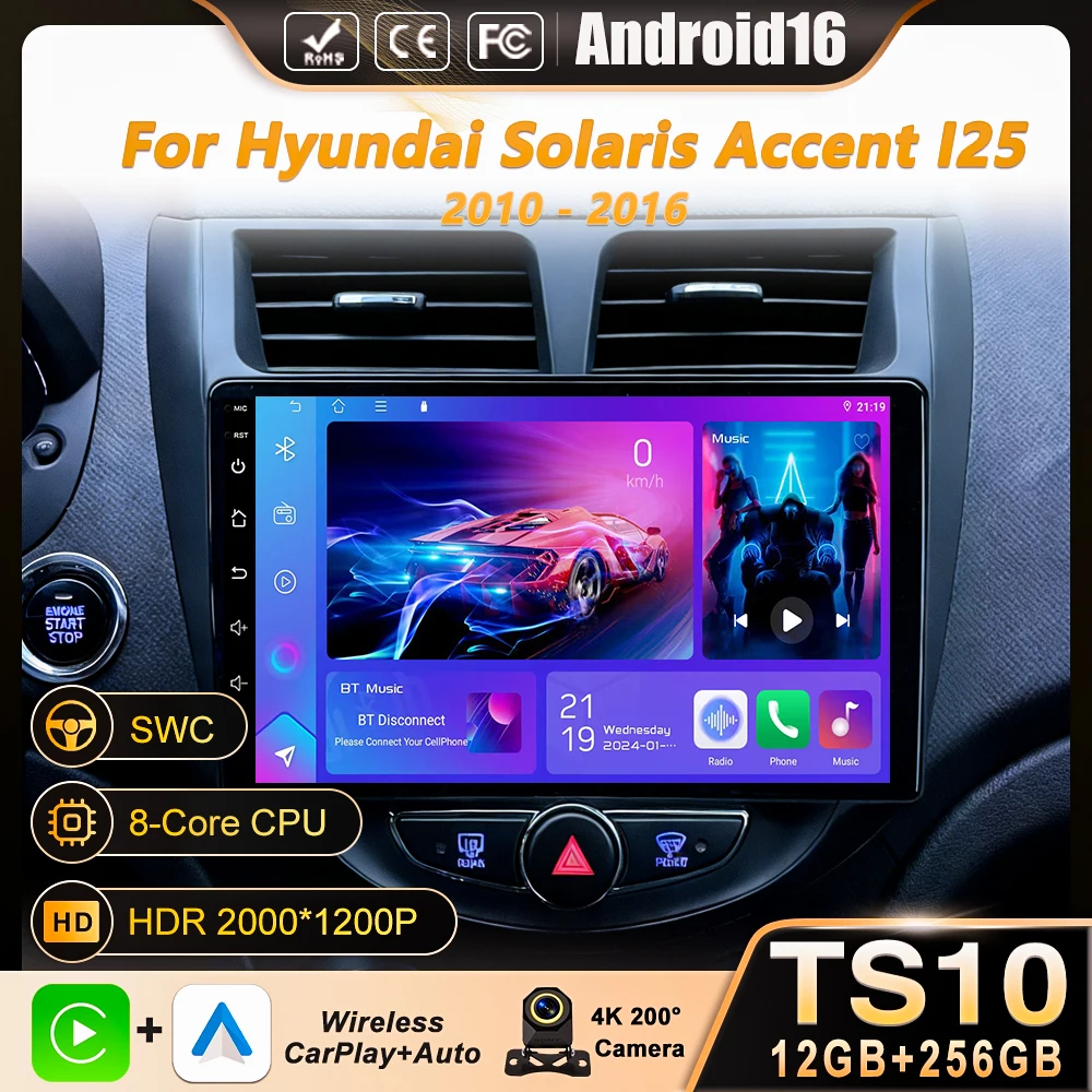 Android 16 Car Radio For Hyundai Solaris Accent I25 2010 2011 2012 2013 2014 2015 2016 GPS Navigation QLED BT Head Unit WIFI 4G