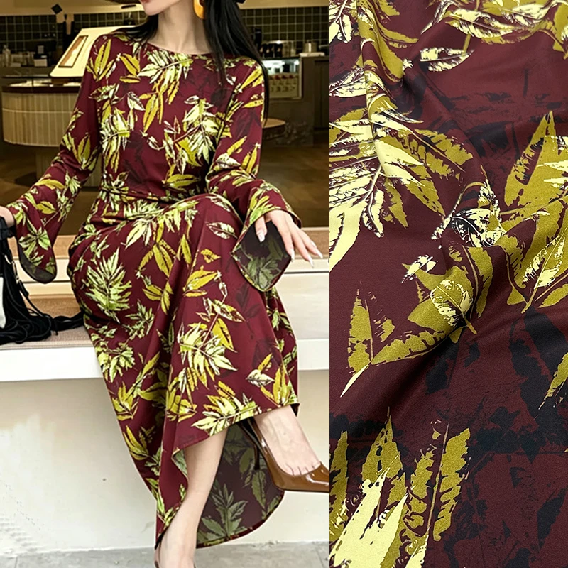 140CM Wide 18MM Leaves Printed Stretch Brown Red Silk Crepe de Chine Fabric for DIY Sewing Summer Dress Skirt Pajamas FR6996