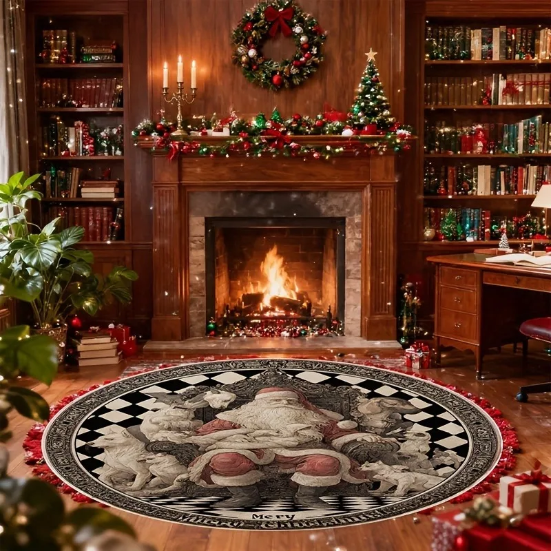 Vintage Santa Reindeer Round Rug 120x120cm for Study Home Office