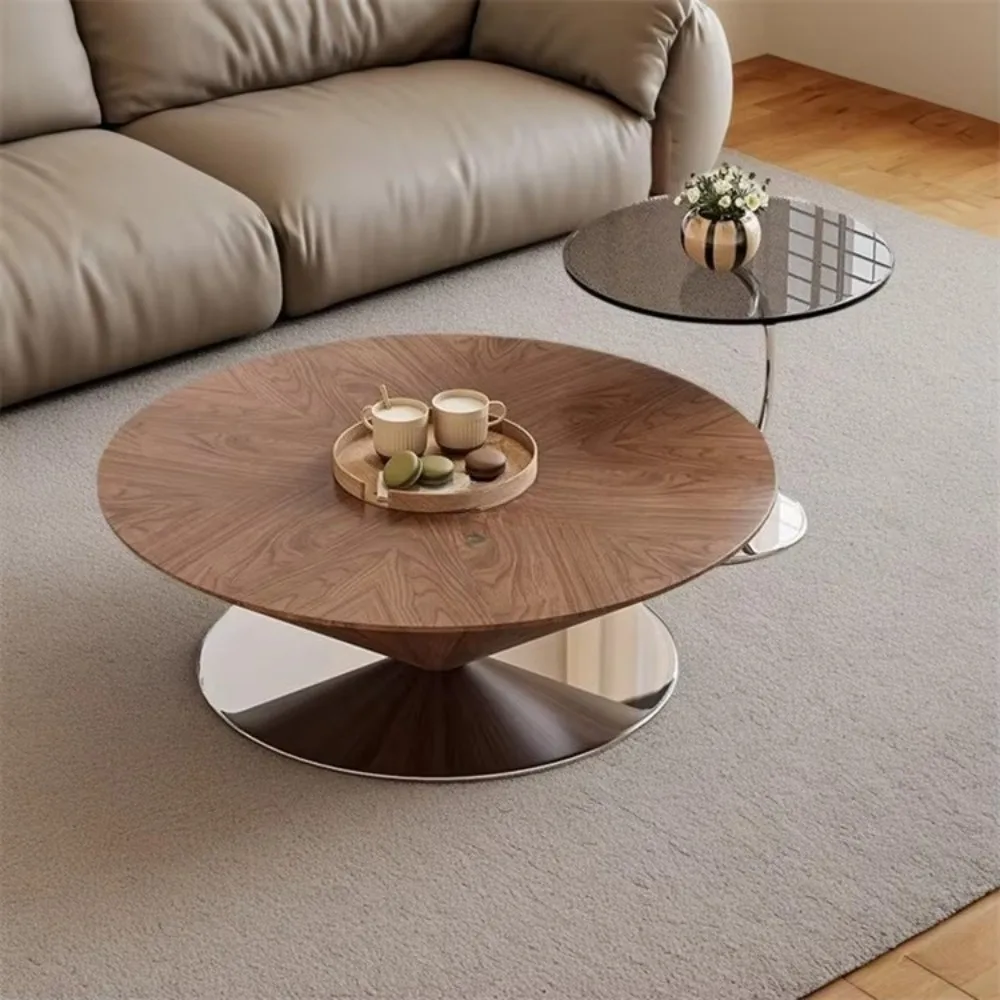 Walnut Colour Round Glass Wood Coffee Table Set for Living Room Home Furniture
