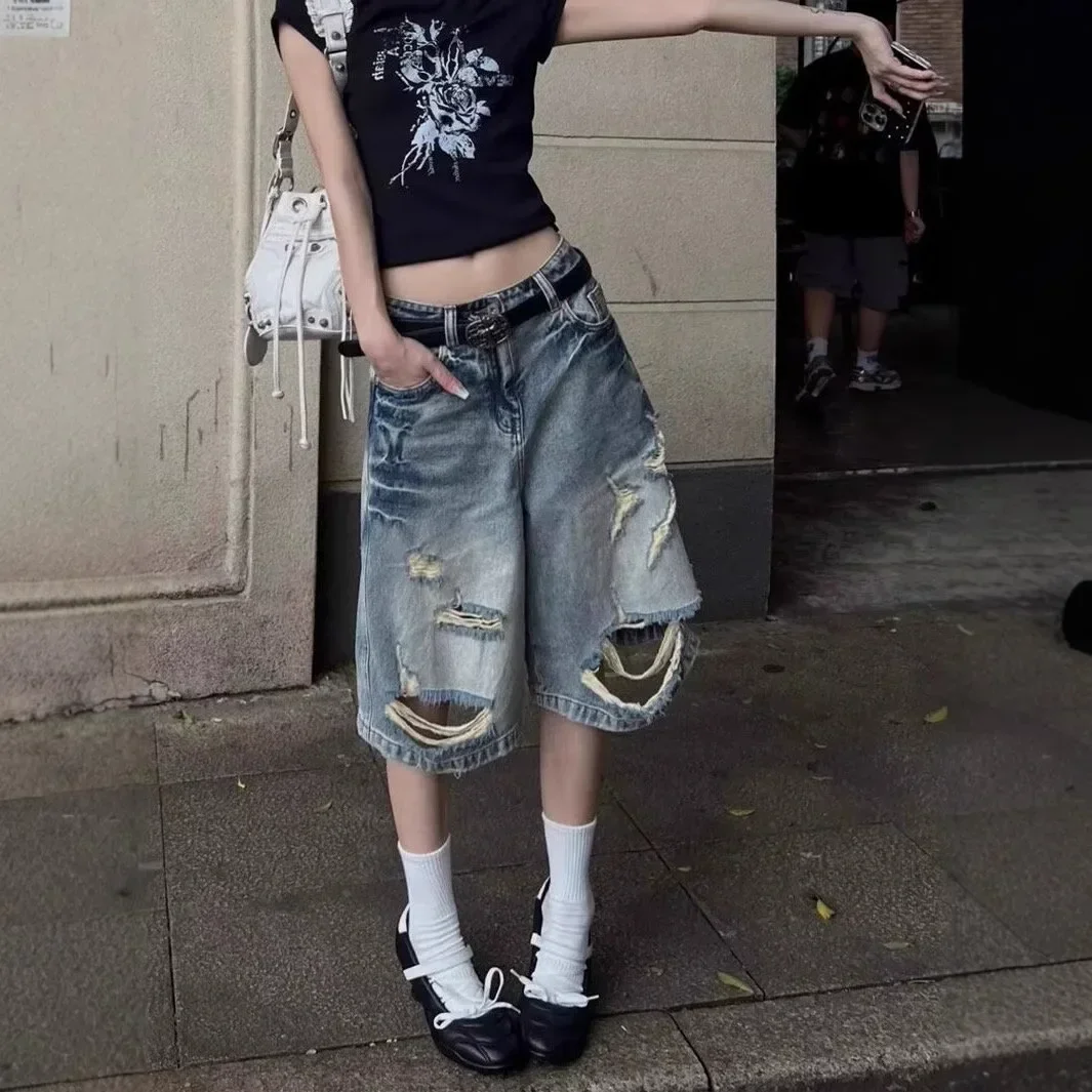 PopRetro Street Washed Ripped Denim Shorts Women Summer New Straight Loose American Wide Leg Five-Point Pants High Waist