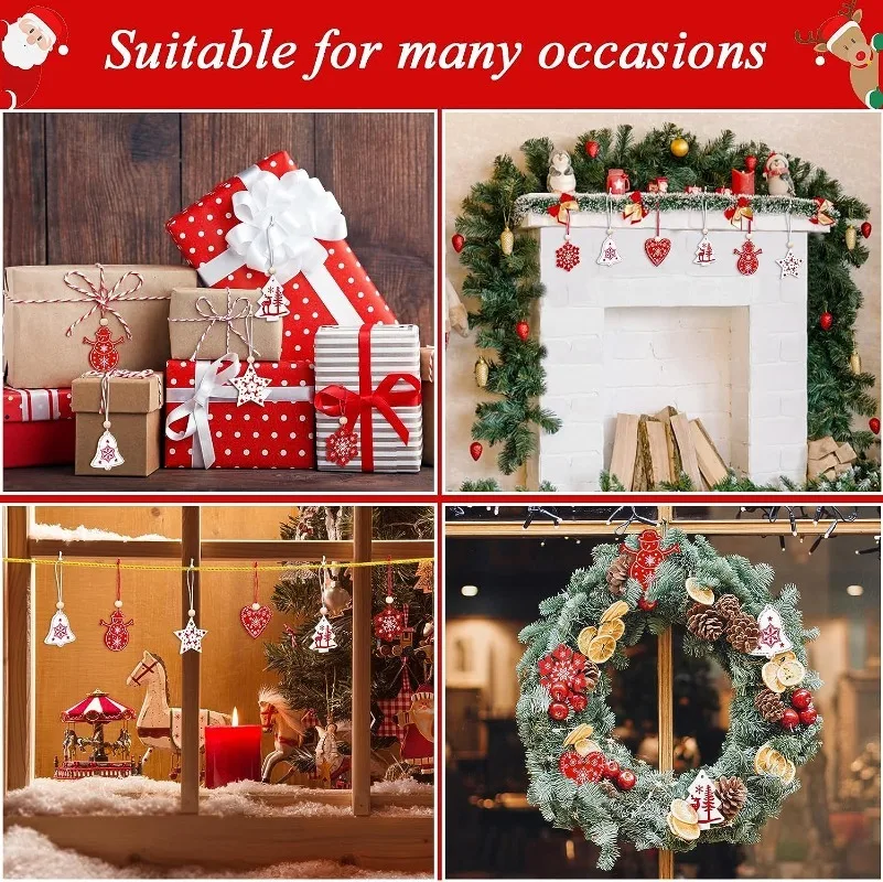 12PCS/set DIY White&Red Christmas Wooden Pendants Noel Ornaments for Kids Christmas Gifts Christmas Tree Ornaments Decorations