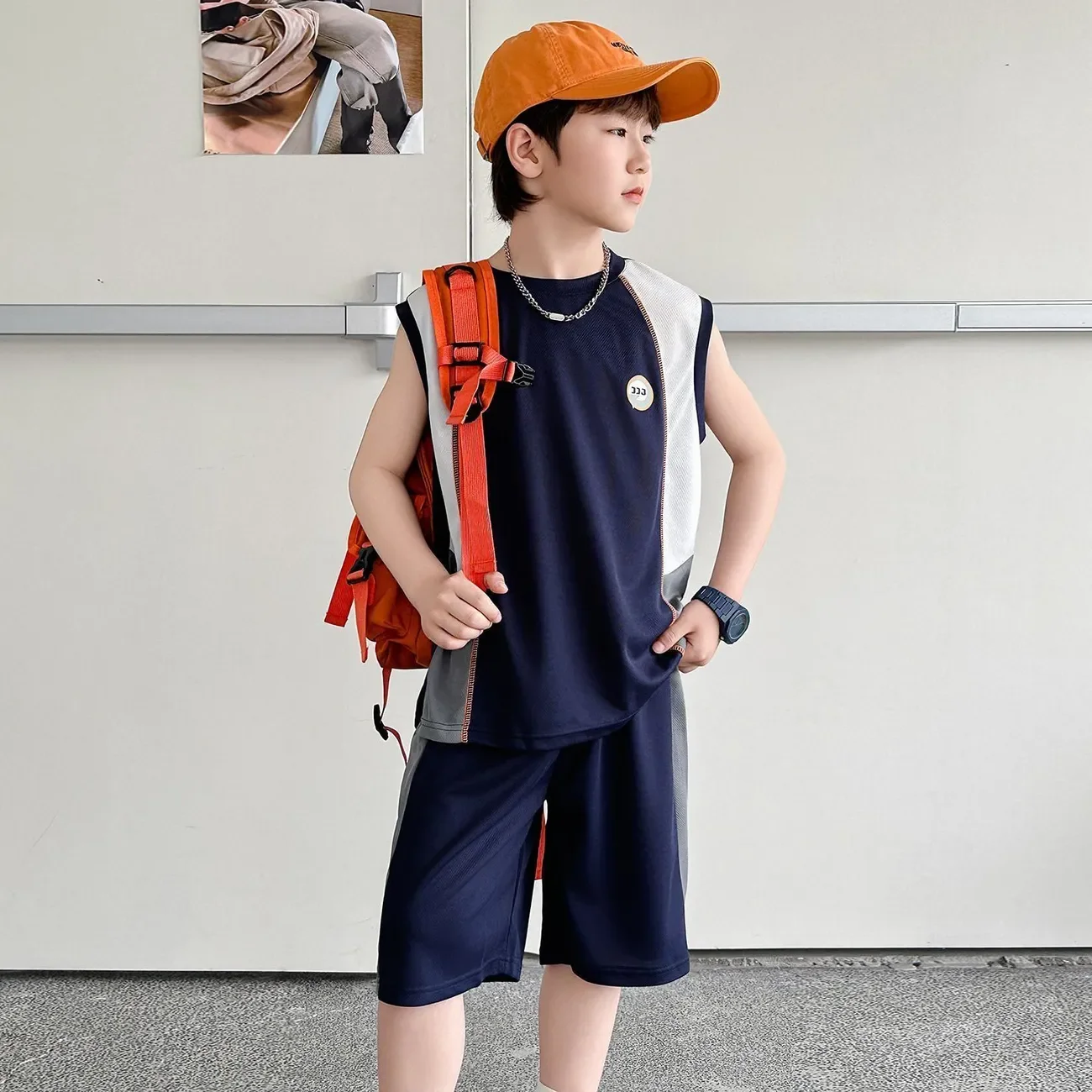 New Boys Ice Silk Quick Dry Breathable Sleeveless Vest+Short Pants Basketball Sportsuits Teenage Kids Cool Streetwear Sets  -123