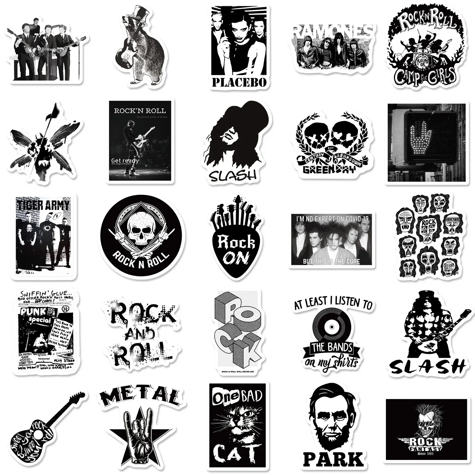 10/50pcs Cool Rock Roll Music Stickers Band DIY Helmet Guitar Phone Laptop Motorcycle Skateboard Luggage Classic Sticker Toy