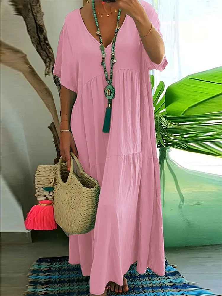 2026 Dresses For Woman New V-neck Long Dress Solid Color Loose Short Sleeves Vestidos Fashion All-match Trendy Robe Temperament