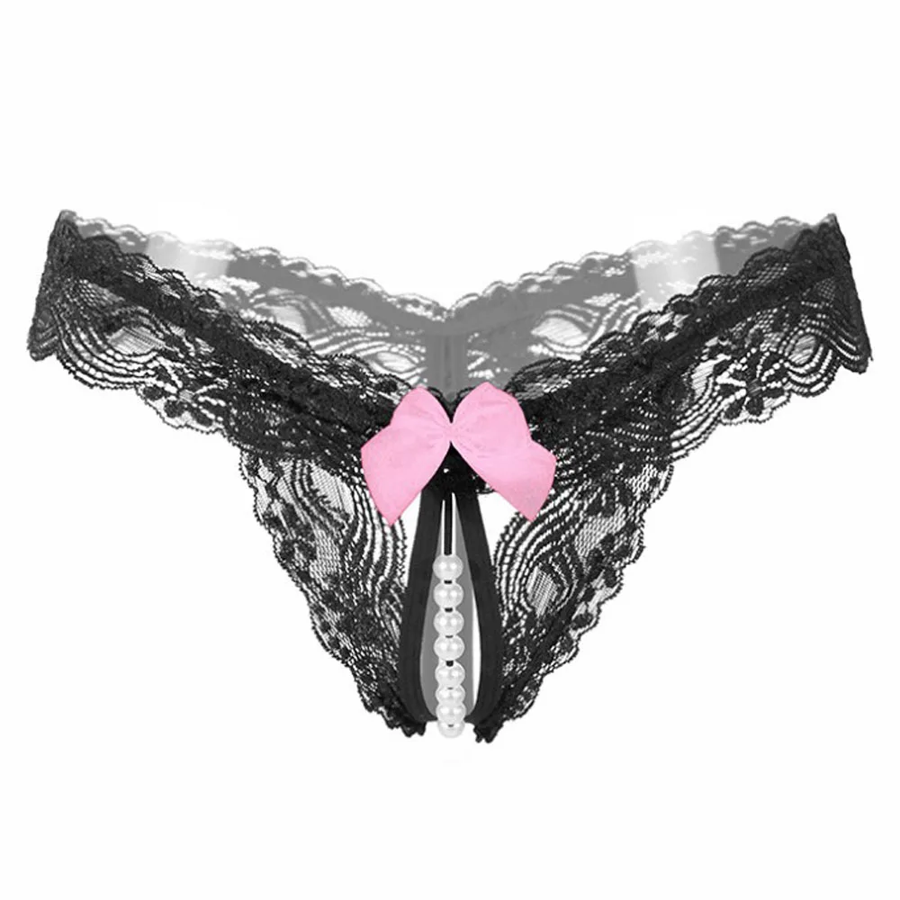 Sexy Women Micro String Open Crotch Knickers T-back Pearl Thongs Panties Beading Sexi Lingerie Lace Erotic Underwear Female Bow