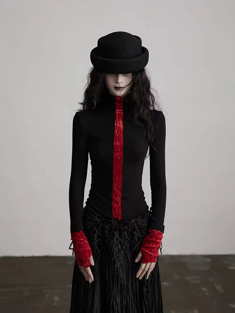 Y2K Patchwork Turtleneck T Shirt Women Japanese Streetwear Slim Long Sleeve Tops Autumn Winter Harajuku Gothic Splicing Tees