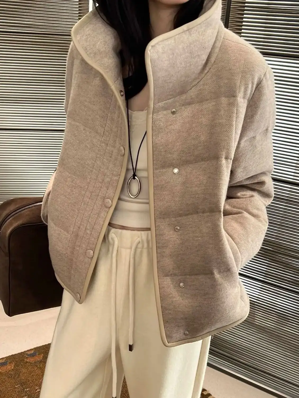 

Sheepskin Stitching Women's Down Jacket Stand Collar Long Sleeve Single Breasted Loose Warm Wool Blend Coat