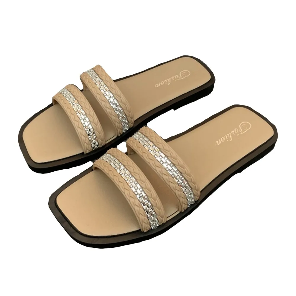 Luxus Kristall Flache Hausschuhe Weiche Sohle Farbe Blockieren Rutschen Sandale Anti-slip Strand Schuhe Karree Hausschuhe Frauen Sommer