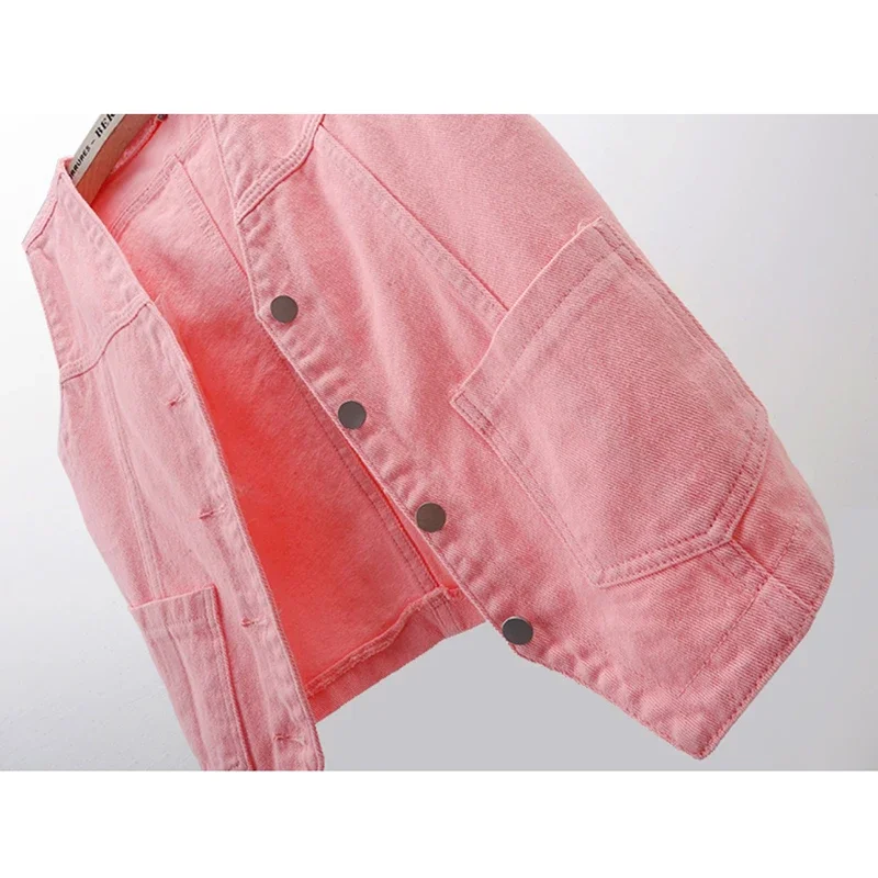 

Pink Denim Vests Women Slim Short Casual Cowboy Outerwear Coat Spring Summer Fashion Korean V Neck Big Pocket Jeans Vest Female