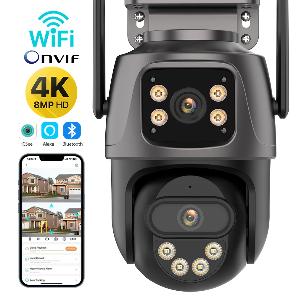 8MP 4K HD Wifi Camera Human Detection Security Outdoor Dual Screen Network Camera CCTV Surveillance PTZ Camera iCSee