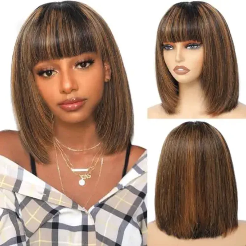 

Bob Wig with Bangs Human Hair 1b/30 Straight Wig Human Hair Short Wear Wig Blonde Highlight Short Bob Wigs for Black Women