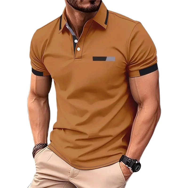 Fashion Men's Contrast Trim Design Polos Casual Lapel Button Short Sleeve Print Polo Shirt Men's Clothing European Measurement