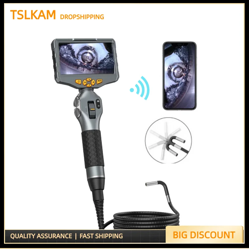 

8.5mm 5" Screen Articulating Inspection Camera WIFI 2 Way 180 Degree Steering Industrial Endoscope 6 LED with Tool Case