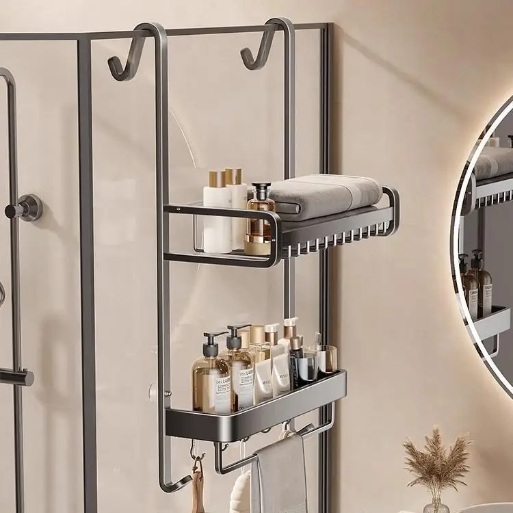 2-Tier Over Shower Door Caddy, Matte Black Metal Bathroom Storage Shelf with Hooks & Towel Bar, No Drilling Wall Mounted Shower