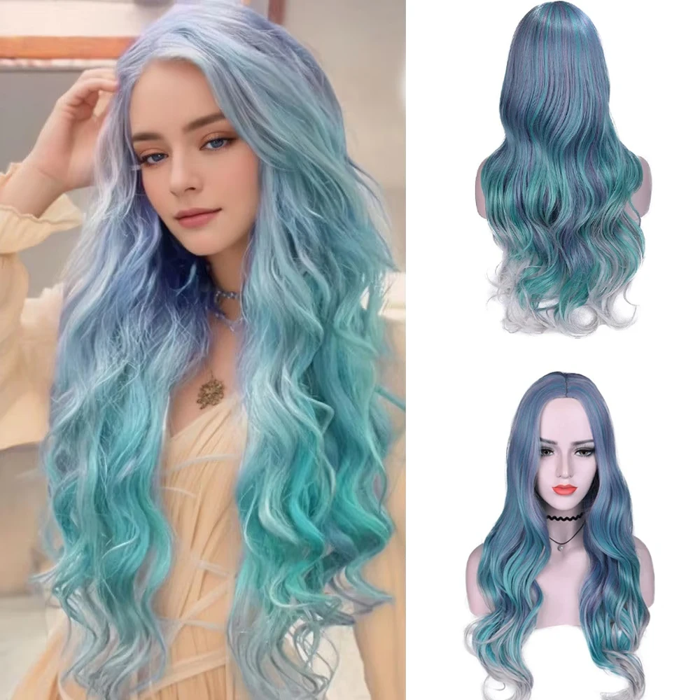 28in Mermaid Wig Ombre Blue Mixed Lilac Grey Wigs for Women Long Curly Wavy Middle Part Hair Synthetic Wigs for Cosplay Party