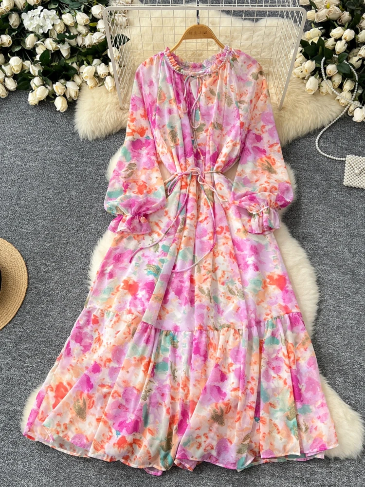 Bohemian Pearl O Neck Dress for Women 2024 Vestidos De Mujer Temperament Banfage Robe Femme Vintage Ruffled Flare Sleeve Dresses