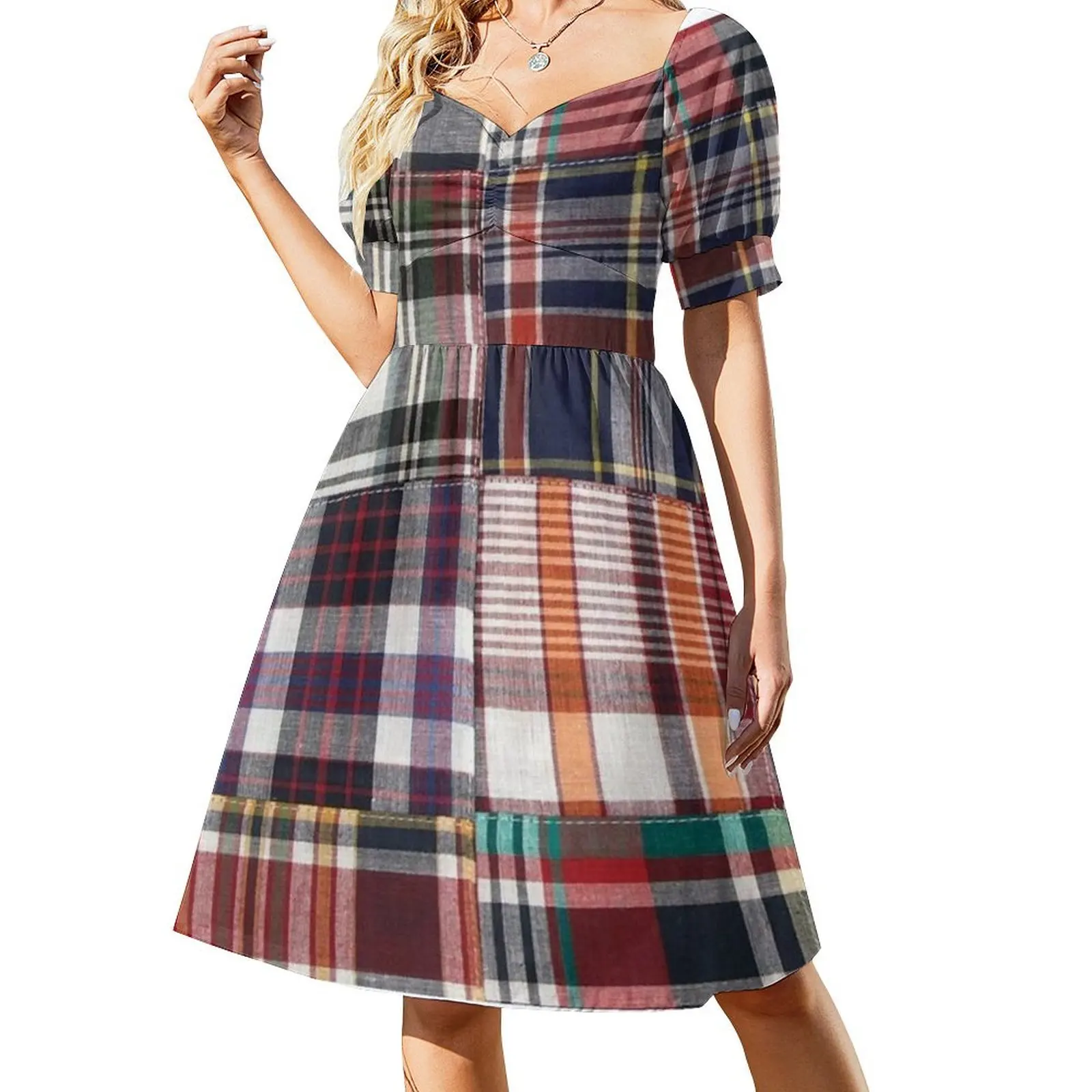 

Madras ,Preppy Patchwork Madras Short Sleeved Dress birthday dress elegant women's sets clothes for women Dress