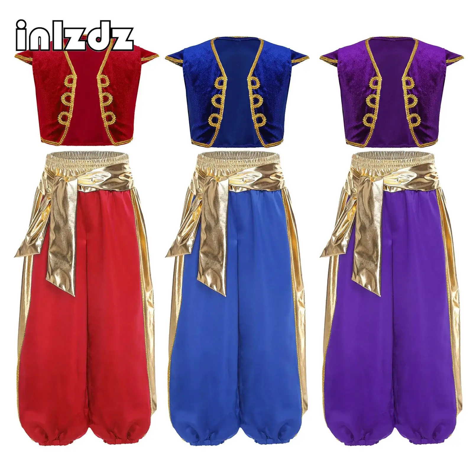 

Boys 2Pcs Arabian Prince Costume Set Cap Sleeve Vest Waistcoat Bloomers Harem Pant Suit for Halloween Carnival Party Performance