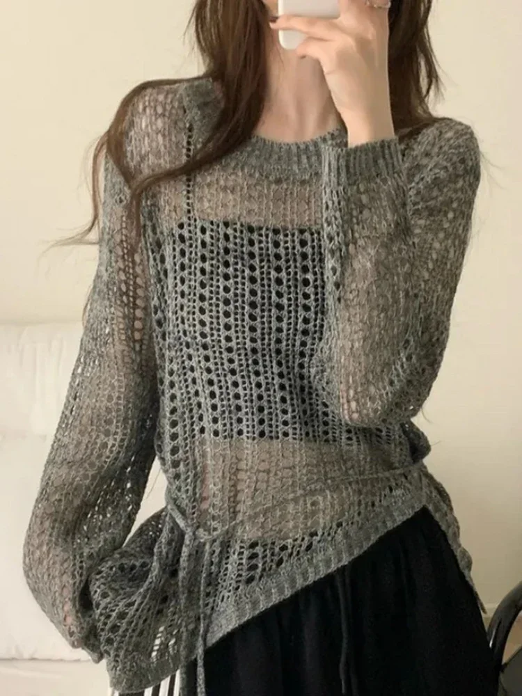 

Korean Streetwear Spicy Girl Sheer Top New Irregular Tie Up Sunscreen Knitwear Casual Waist Slimming Hollow Out Shirt