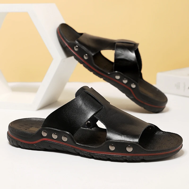 

Summer Men's Large Size Slides Lightweight Anti‑Slip Wear‑Resistant Casual Beach Shoes Trendy Outdoor Cowhide Leather Slippers