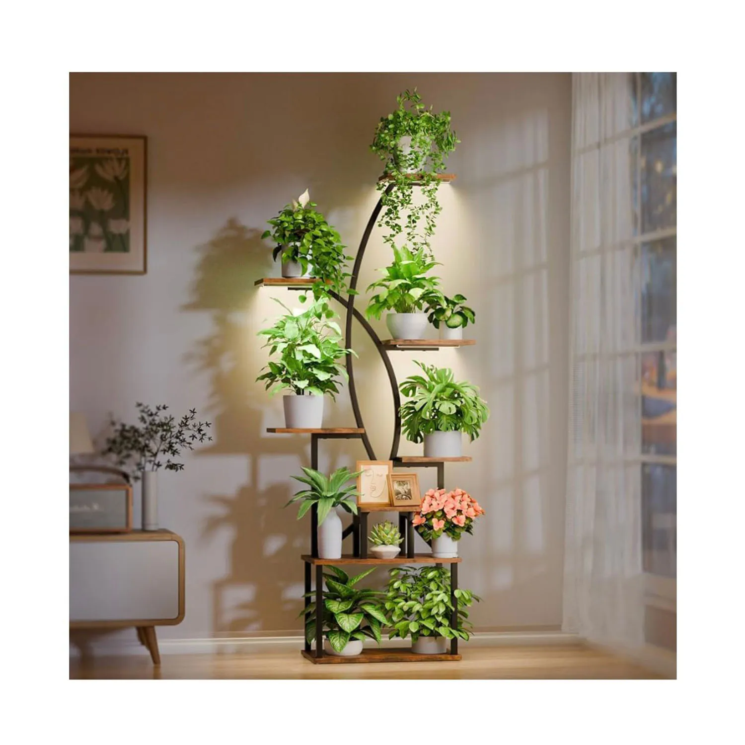 

Stable Iron Wood Combination Multi-Layer Eco-Friendly Powder Coated Plant Stand with Grow Light for Indoor/Outdoor Garden Use