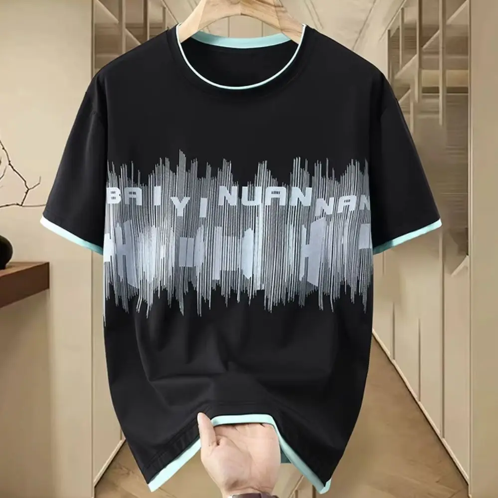 Men Contrast Trim Crew Neck T-Shirt Abstract Line Letter Print Short Sleeve Tees Summer Casual Loose Streetwear Tops Multicolor