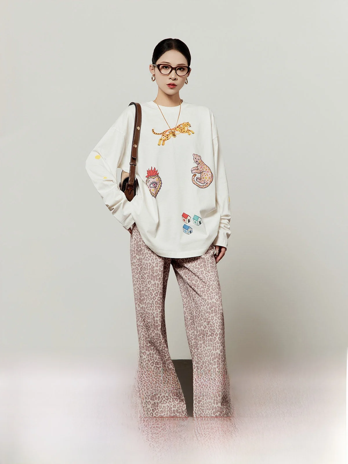 

White Loose Fit Casual Printed T-Shirt Women's Spring New Style Jilvwoo Leopard House Happy Face Long Sleeve round Neck Top